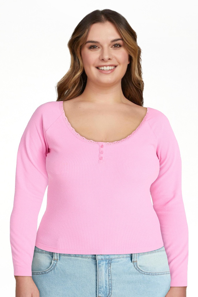No Boundaries Long Sleeve Henley Top with Lace Trim, Women's XXS-XXL | Walmart (US)