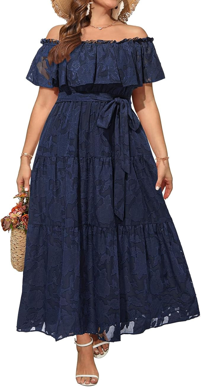 Plus Size Chiffon Off The Shoulder Maxi Long Floral Summer Casual Beach Boho Sundress Women 2024 | Amazon (US)