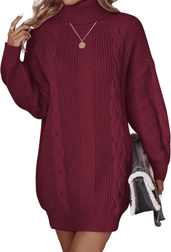 ZAFUL Women's Cable Knit Sweater Dress Long Sleeve Loose Crew Neck Pullover Tunic Mini Sweater Dr... | Amazon (US)