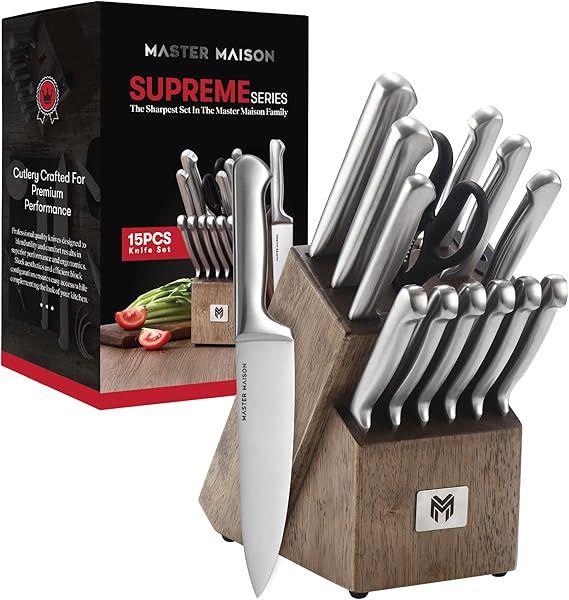 Master Maison 15-Piece Premium Kitchen Knife Set With Block | German Stainless Steel Knives With ... | Amazon (US)