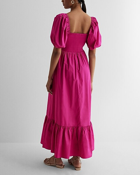 Square Neck Puff Sleeve Tiered Poplin Midi Dress | Express