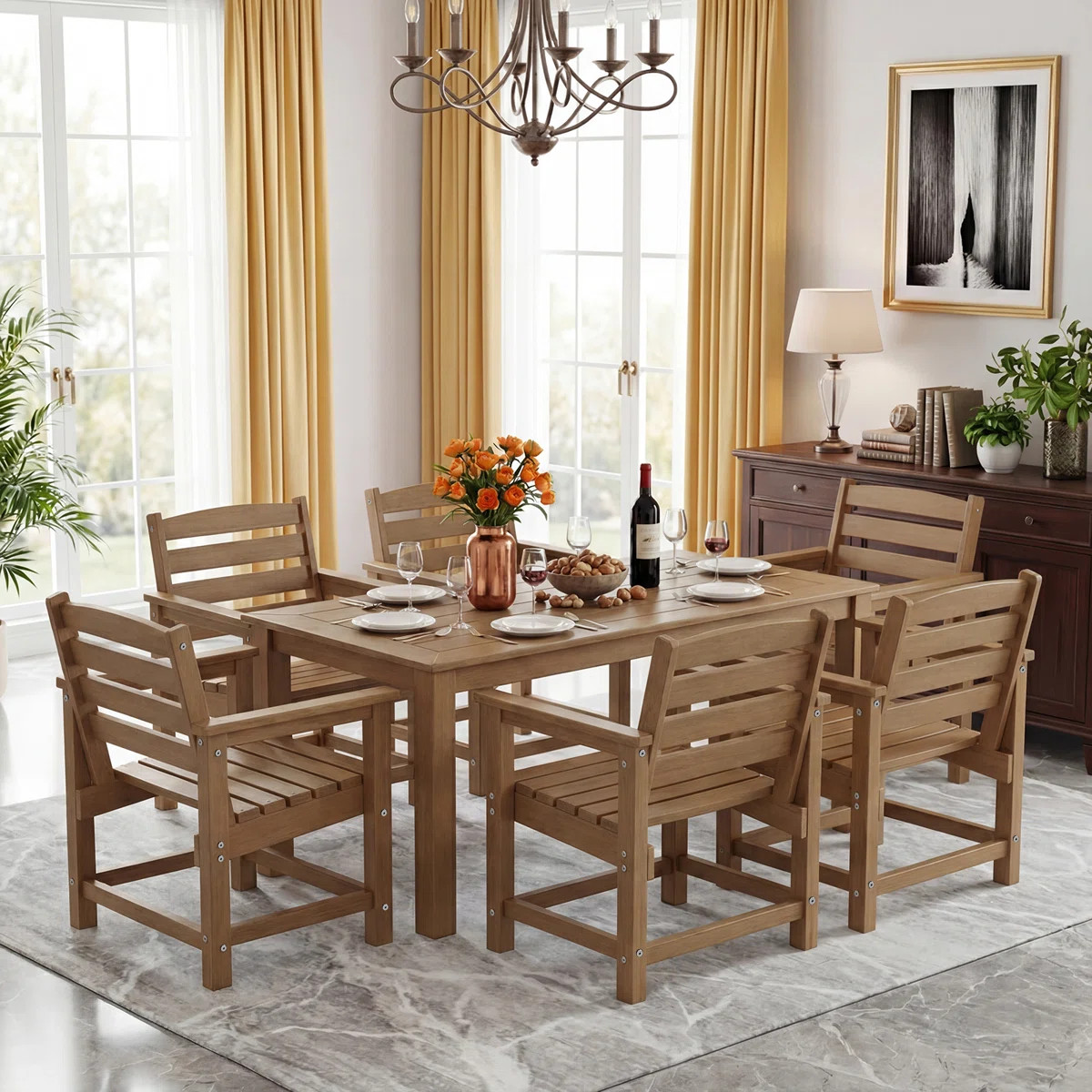 7-Piece HDPE Plastic Patio Outdoor Dining Set 6 Armchairs And 69" Table With 2" Umbrella Hole | Wayfair North America