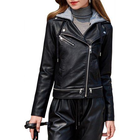 S P Y M Women s Short Regular Plus Size Female Removable Hooded Faux Leather Moto Jackets | Walmart (US)