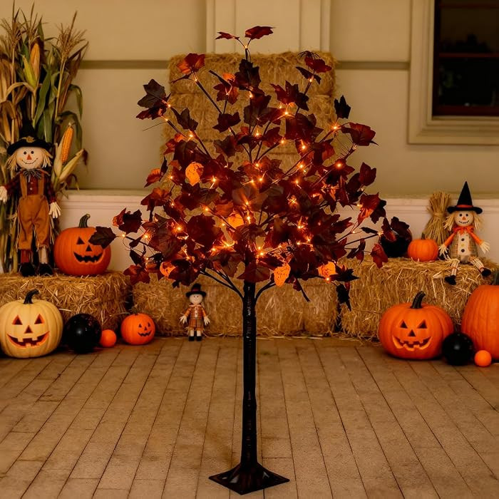 4ft Black Maple Halloween Tree with LED Skull Lights & Spiders | Amazon (US)