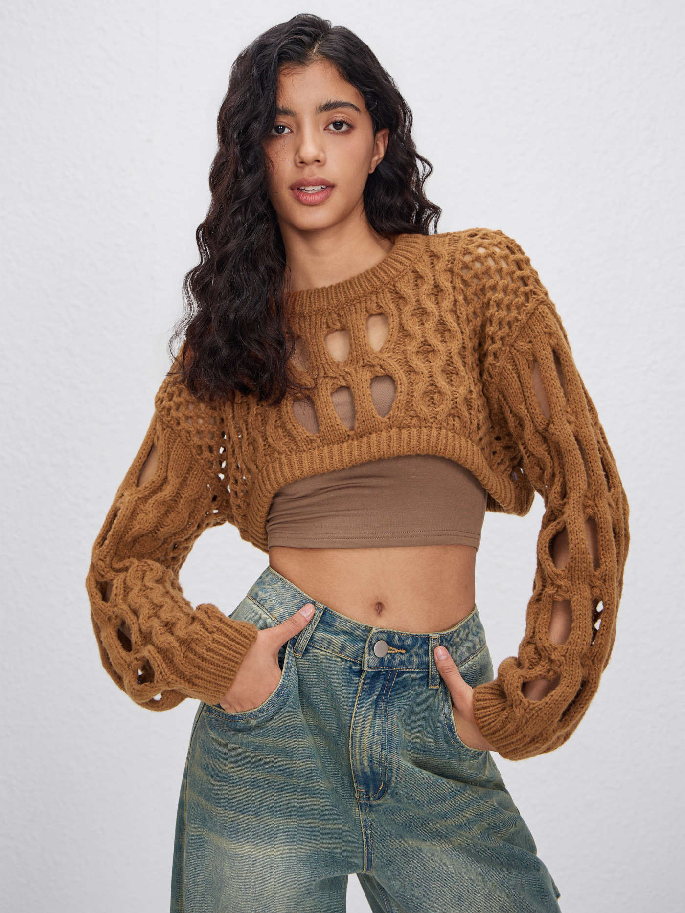 Knit Round Neckline Hollow Out Long Sleeve Crop Top | Cider