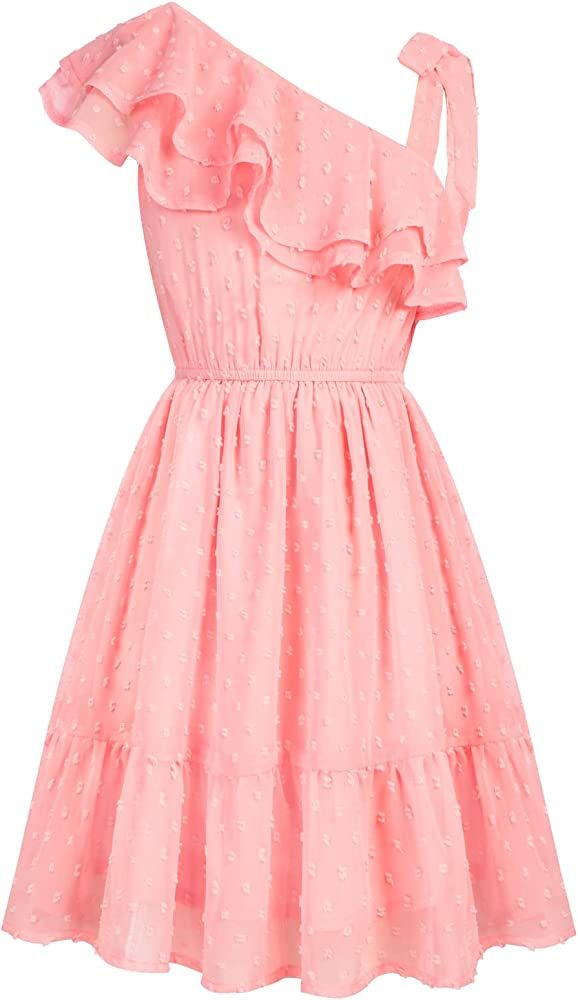 GRACE KARIN Girls Summer Dress One Shoulder Ruffle Sleeve Midi Casual Sundress | Amazon (US)