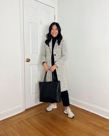 Gray coat (XSP)
Gray boucle coat  
Black mock neck top (XS)
Black long sleeve top 
Black pants with elastic waistband (XSP)
Black tote bag 
New Balance 327 sneakers (TTS)
Casual winter outfit 
Casual outfit 
Mom outfit 
Neutral outfit
LOFT outfit

#LTKworkwear #LTKsalealert #LTKfindsunder100