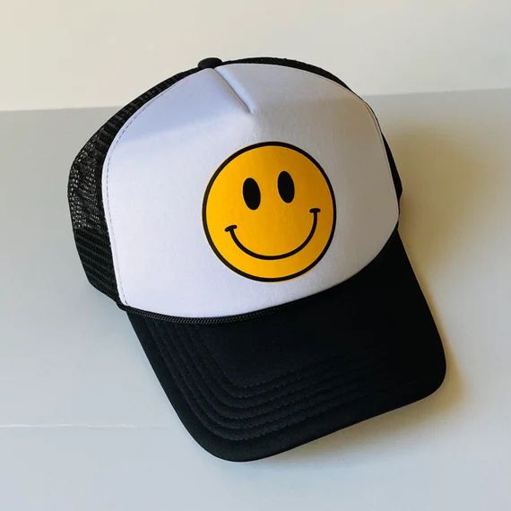 Smiley Face Printed Black and White Trucker Hat | Etsy | Etsy (US)