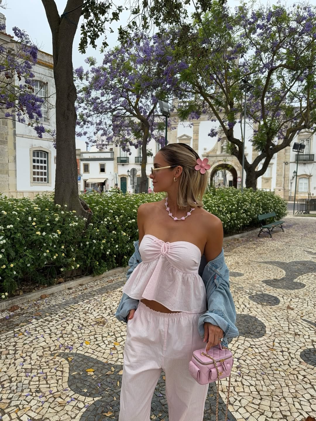 🎀 Summer, outfit idea, Oh Polly set, poplin crop top & trousers, denim jacket, flower hair clip, style tip 

 #LTKuk #LTKsummer #LTKeurope