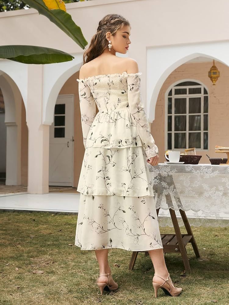 Women's Summer Off Shoulder Long Sleeve Dress Floral Print Tiered Hem A-Line Dress | Amazon (CA)