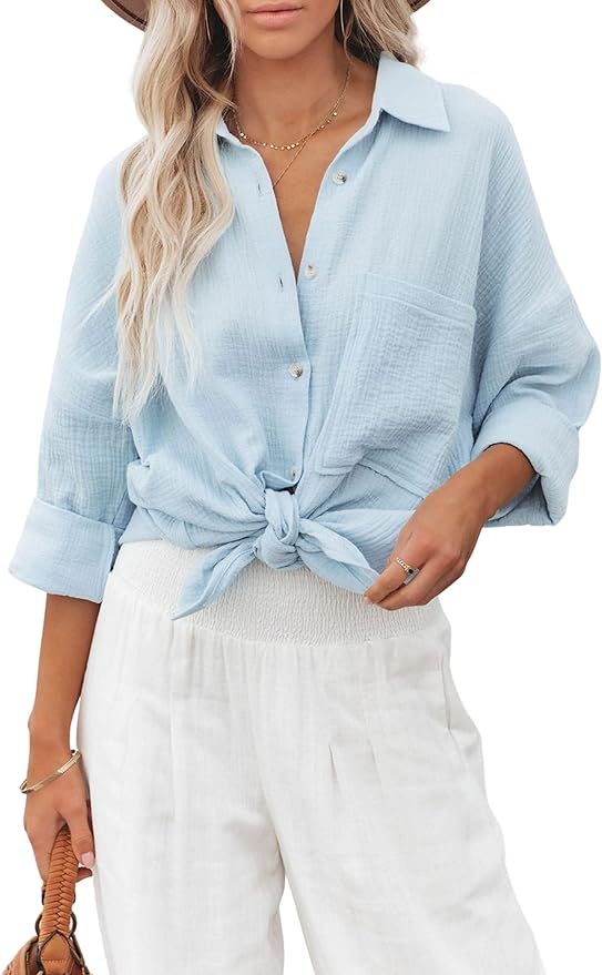 Women's Casual Linen Shirts for Women Solid Cotton Linen Loose Blouse Button Up Roll-up Sleeve Sh... | Amazon (US)