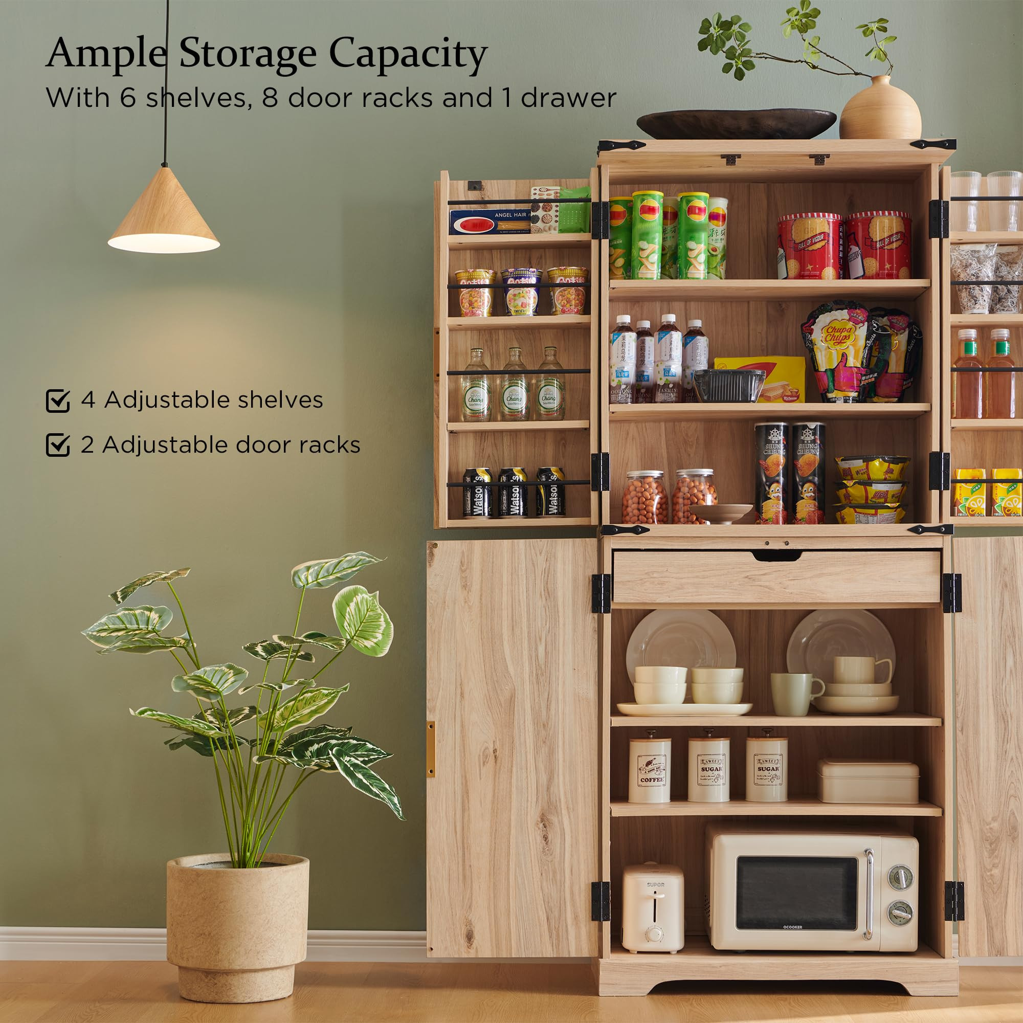 Fluted Pantry Cabinet, 72" Tall Modern Storage Cabinet with 4 Doors, Organizer, Drawer and Adjust... | Amazon (US)