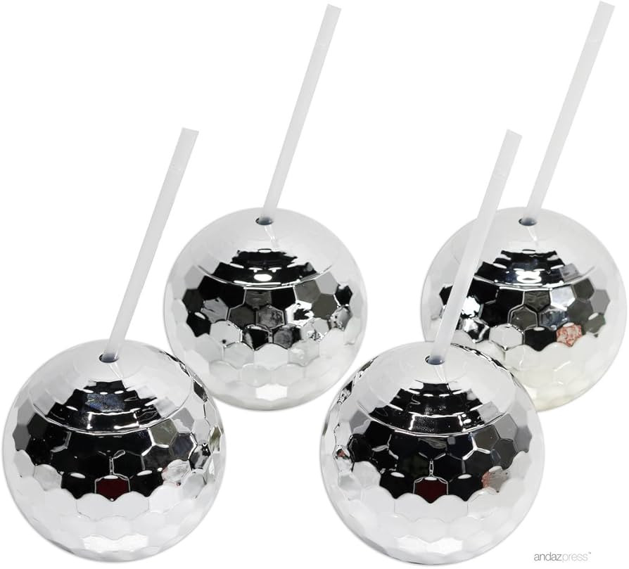 Andaz Press 1970s Disco Ball Cups 19 oz Drink Tumbler with Straw, Silver, 4-Pack, for Metallic Sh... | Amazon (US)
