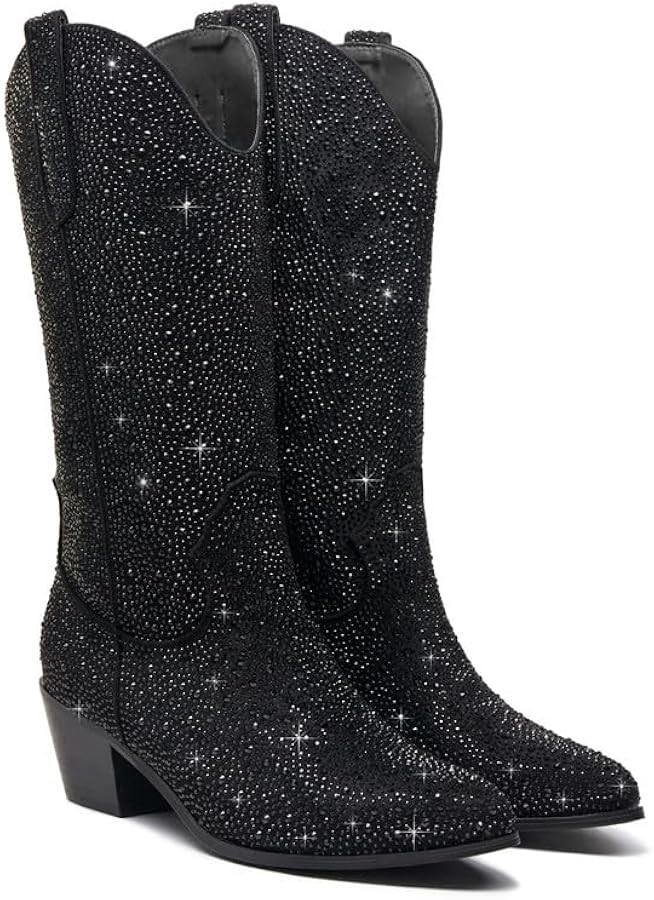 GOSERCE Rhinestone Cowboy Boots Mid Calf Sparkly Cowgirl boots for Women Pointed Toe Low Chunky S... | Amazon (US)