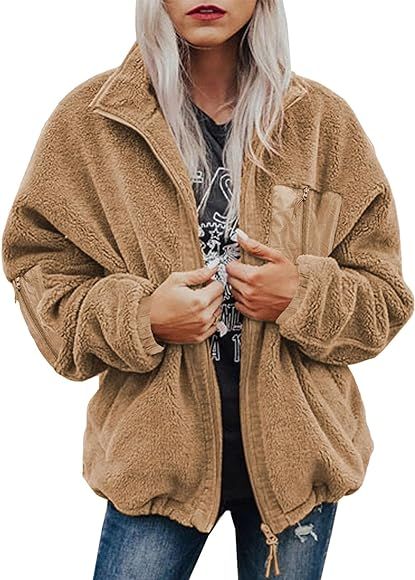BTFBM Women 2023 Fall Winter Fleece Jackets Full Zip Long Sleeve Casual Soft Fuzzy Shaggy Teddy C... | Amazon (US)