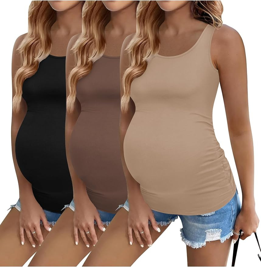 Ekouaer 3 Pack Women Maternity Tank Tops Ruch Side Basic Shirts Summer Postpartum Tops Sleeveless... | Amazon (US)