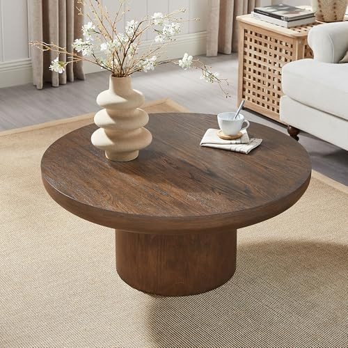 BSYEIO 35.98'' Round Coffee Table Wood Pedestal Coffee Tables for Living Room, Modern Rustic Table Circle Easy Assembly, Dark Brown-ø35.98'' | Amazon (US)