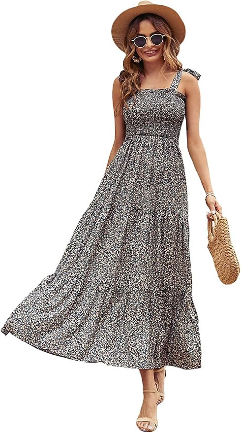 Floerns Women's Floral Print Tie Strap Square Neck Ruffle Boho Maxi Dress | Amazon (US)
