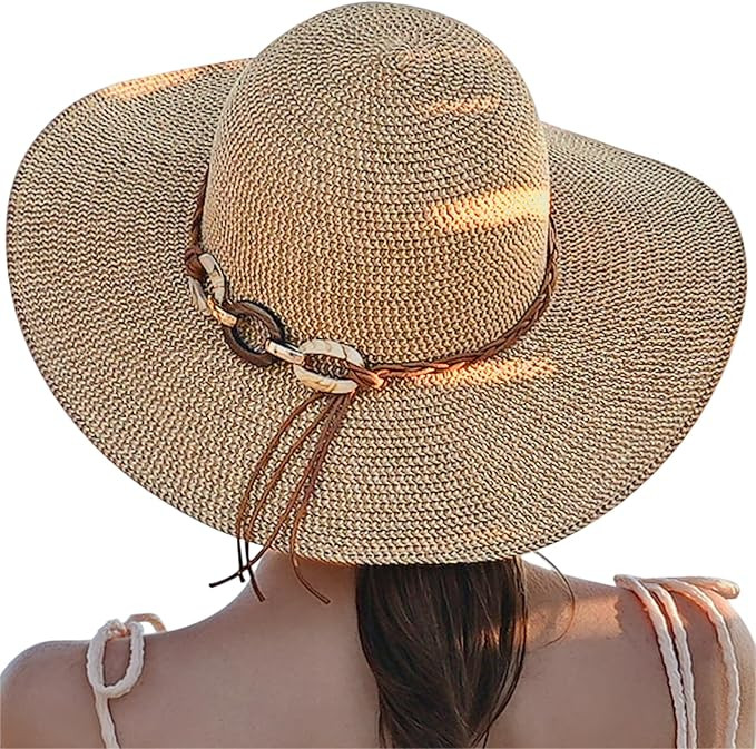 Beach Sun Hats for Women - Wide Brim Straw Womens Summer Hat with Wind Lanyard Roll Up, Foldable ... | Amazon (US)