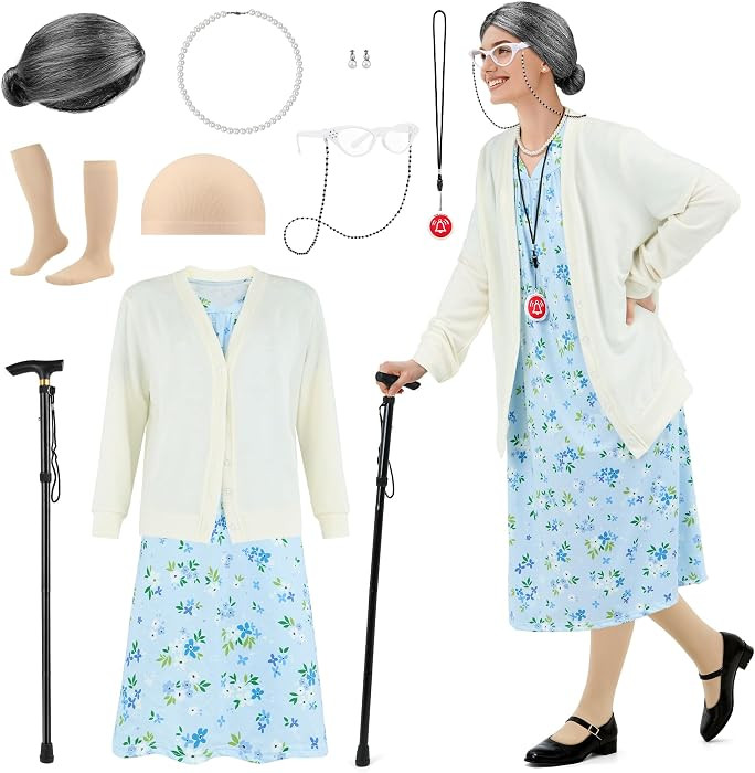 8 Pieces Women Old Lady Costume Grandma Dress Cardigan with Wig Glasses Cane for Halloween Cosplay | Amazon (US)