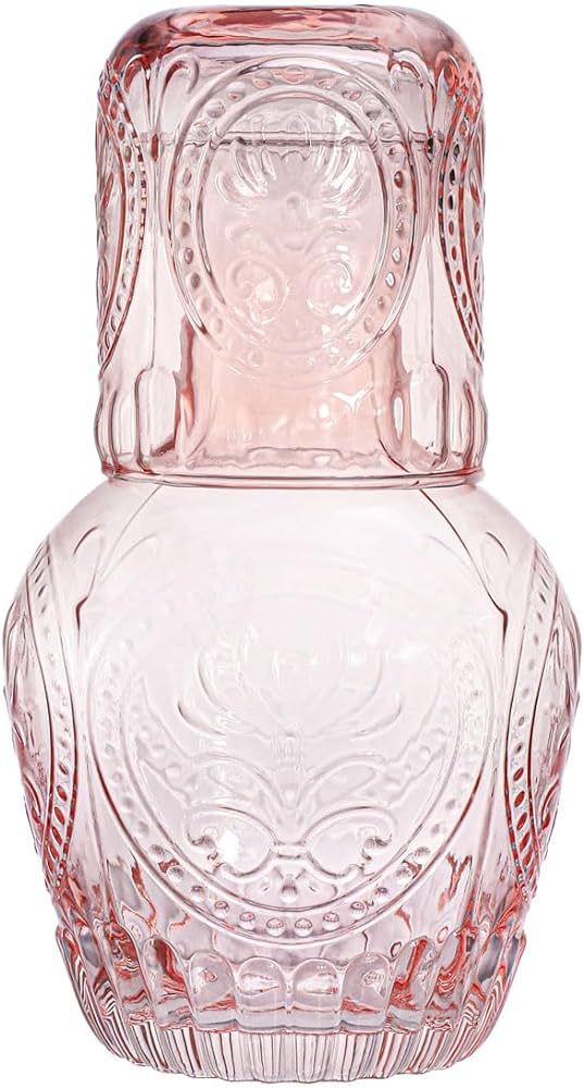 Retro Relief Glass Bedside Night Water Carafe with Tumbler Glass, Pitcher And Cup Night Set-Pink | Amazon (US)