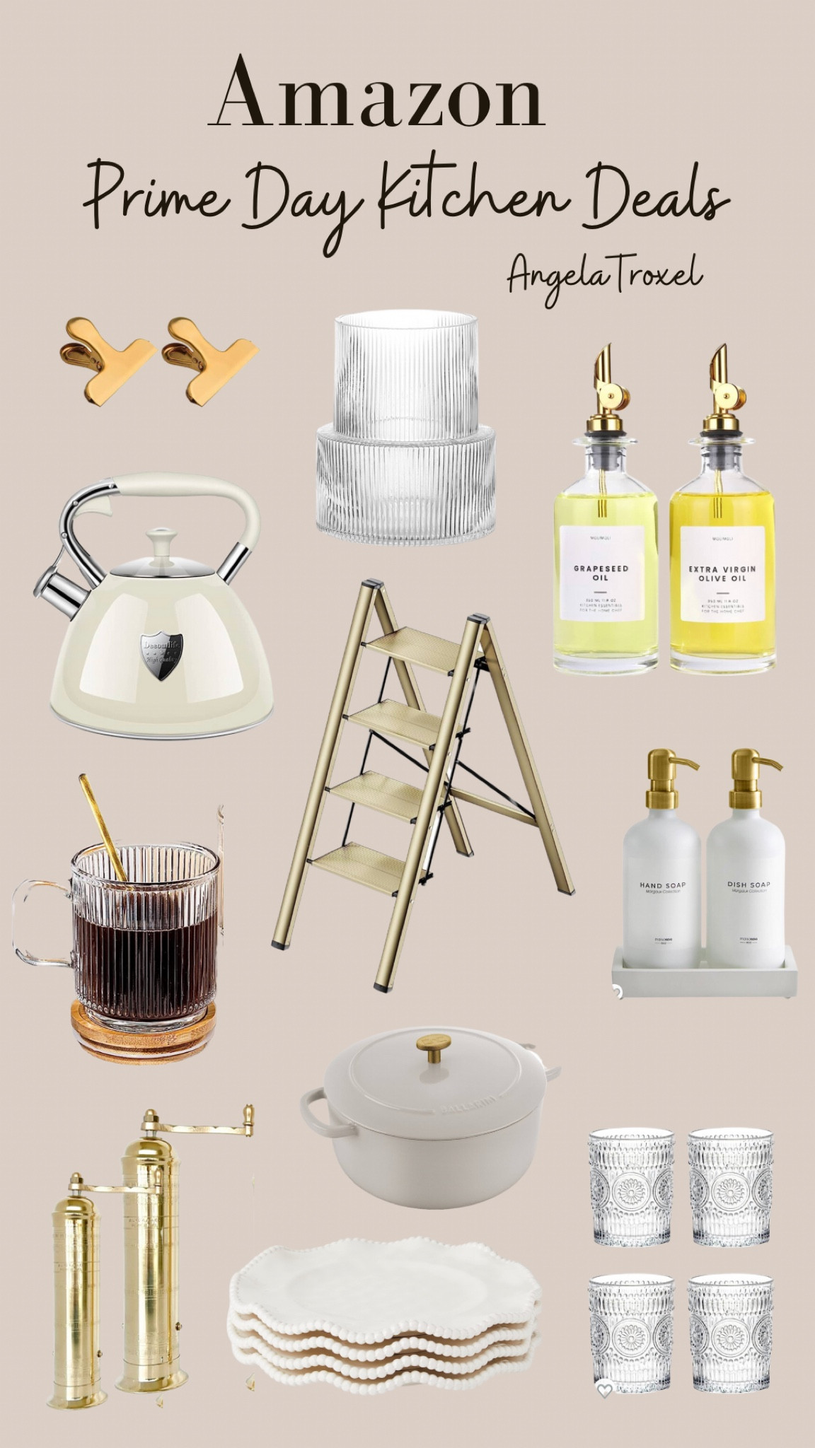 Amazon prime day deals. Kitchen, stool, clips, gold, vase, oil containers, soap dispensers, tea kettle, cream, coffee cups, glass mugs, Dutch oven, plates, salt and pepper, decor.
