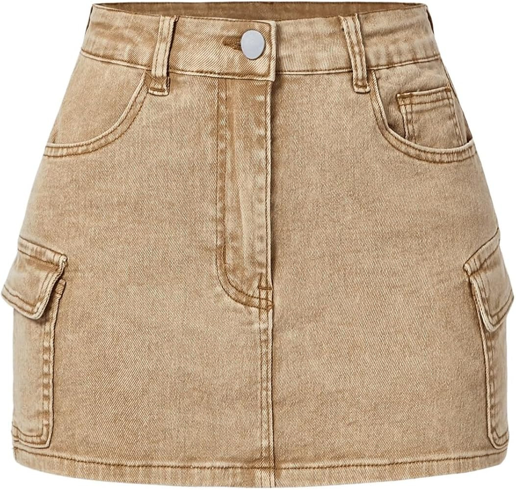 MakeMeChic Women's Casual Bodycon Washed Denim Skirt Button Front Zip Fly Mini Skirts with Flap P... | Amazon (US)
