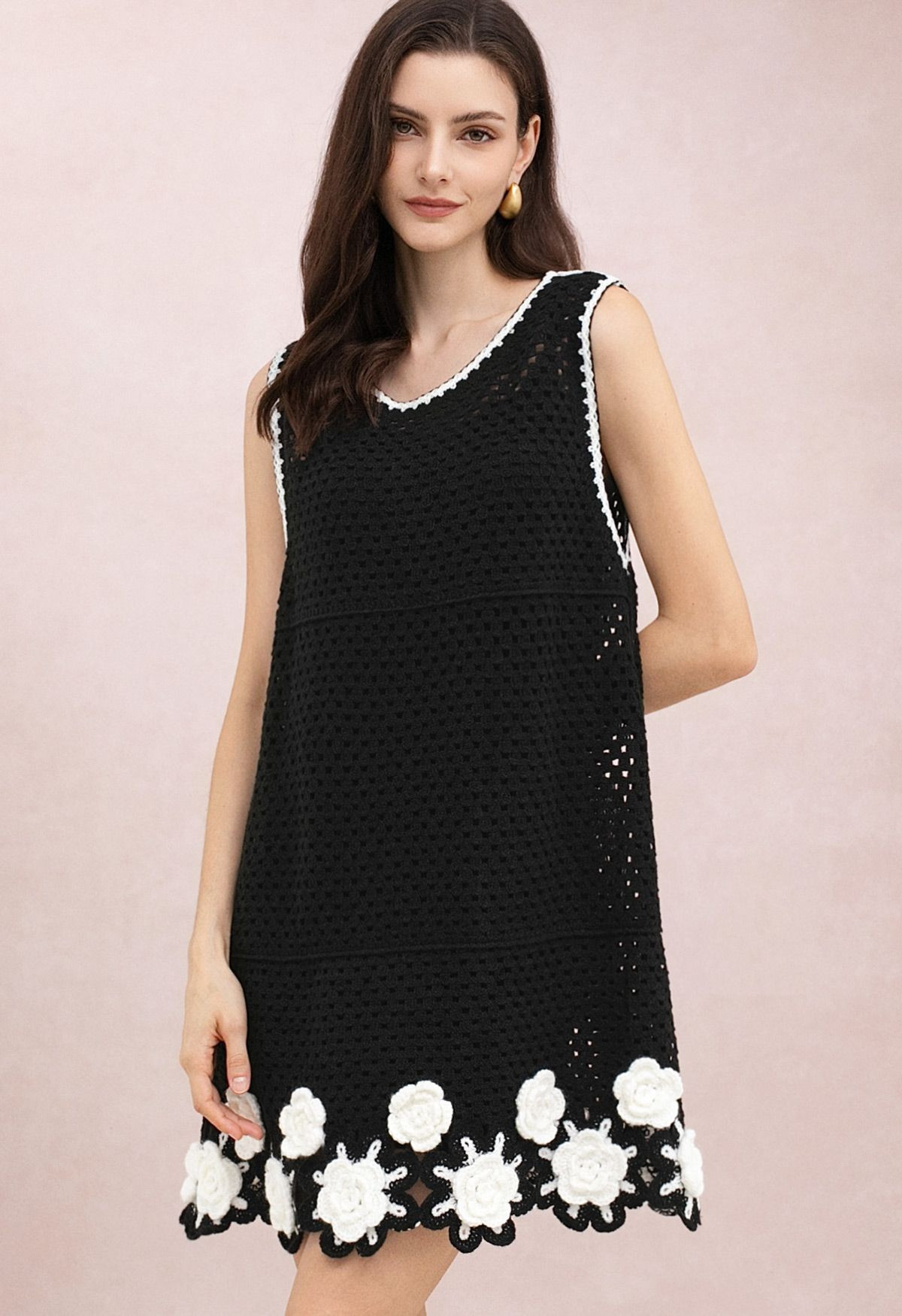 3D Crochet Rose Sleeveless Open-Knit Dress in Black for Afternoon Tea & Garden Party | Chicwish