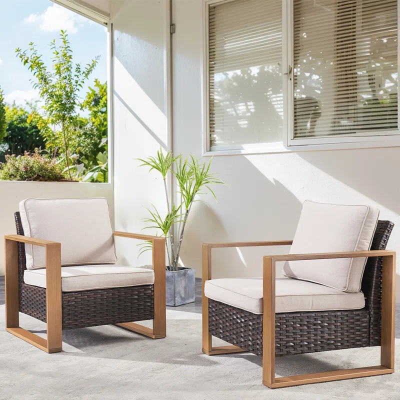 Drazen Outdoor Wicker Club Chair Set Of 2 With Thick Cushions & Unique Wood-Grain Armrests (Set o... | Wayfair North America