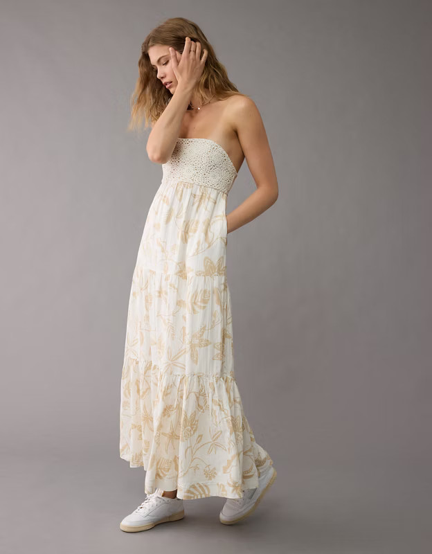 AE Strapless Crochet Babydoll Maxi Dress | American Eagle Outfitters (US & CA)