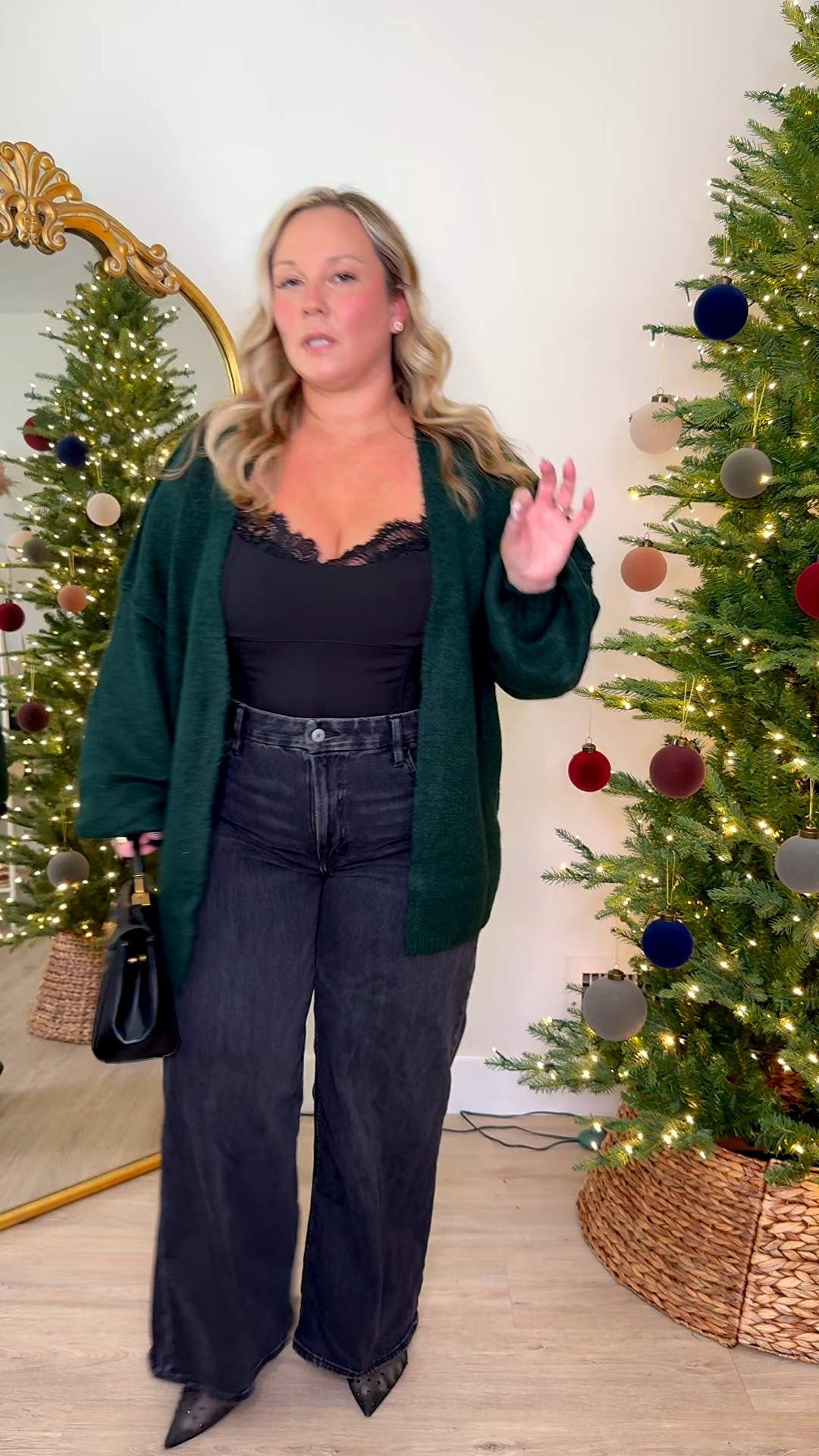 Amazon sweater cardigan- love the color and the fit! Perfect for the holidays! It’s also super soft and it’s not too heavy of a sweater. It’s perfect! Great for a simple holiday vibe! I did the size MEDIUM. You can size down. 
Jeans size 14 SHORT 
Corset size XL

Amazon fashion, Amazon finds, Holiday outfit, American Eagle, Jeans, wide leg jeans, holiday style, business casual, petite style, workwear outfit, Black Friday, cyber Monday 

#LTKCyberWeek #LTKHoliday #LTKMidsize