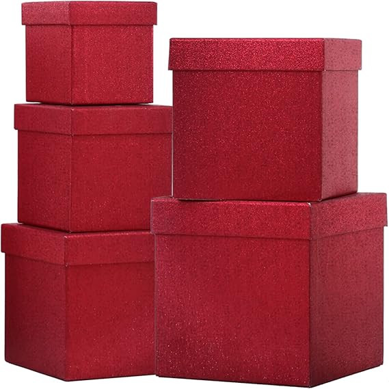 UNIQOOO 5Pcs Red Glitter Xmas Gift Box Set with Lid, Assorted Size, Square Nested Wedding Keepsak... | Amazon (US)