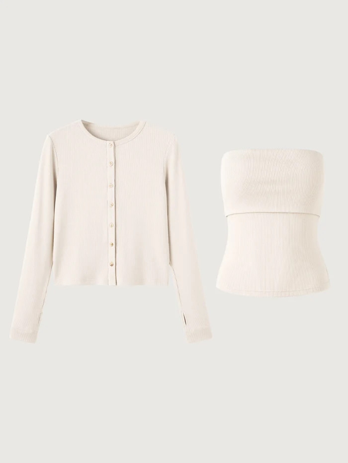 Plantive™ Button-Down Cardigan & Cropped Fold Down Brami Tube Top 2Pcs Set | OGL