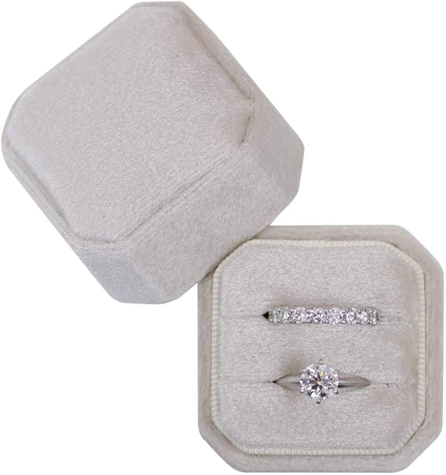 BLUTETE Square Octagon Ring Box 2 Slots Wedding Engagement Ring Set Keepsake Box Bridal Photo Gif... | Amazon (US)