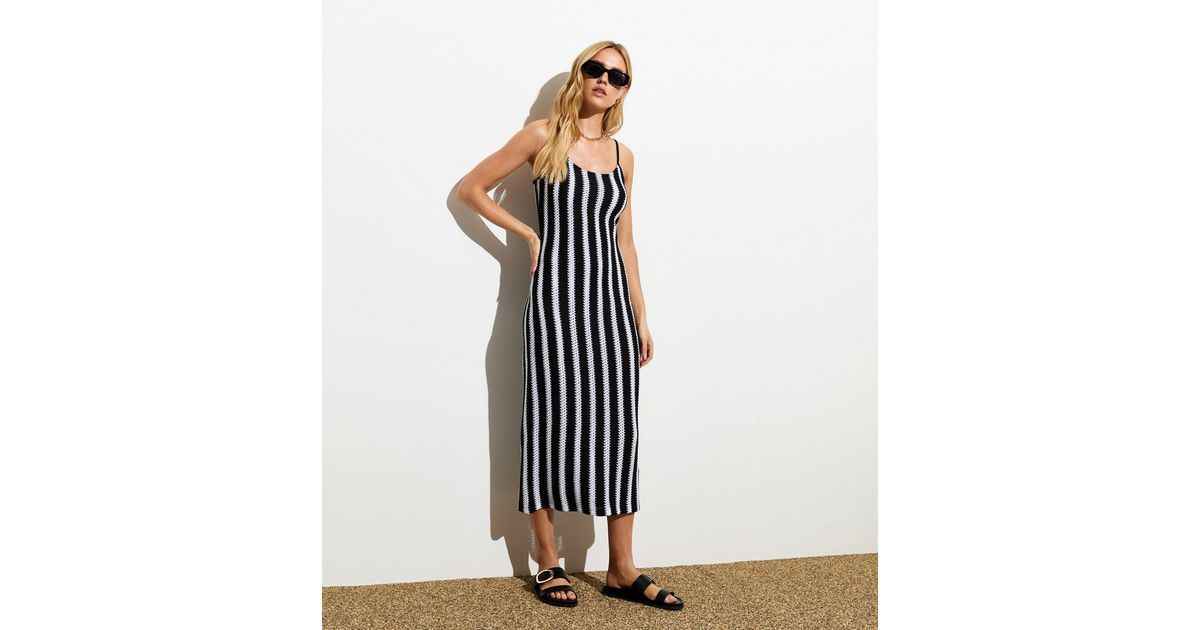 Black Stripe Open Knit Strappy Midi Dress | New Look | New Look (UK)