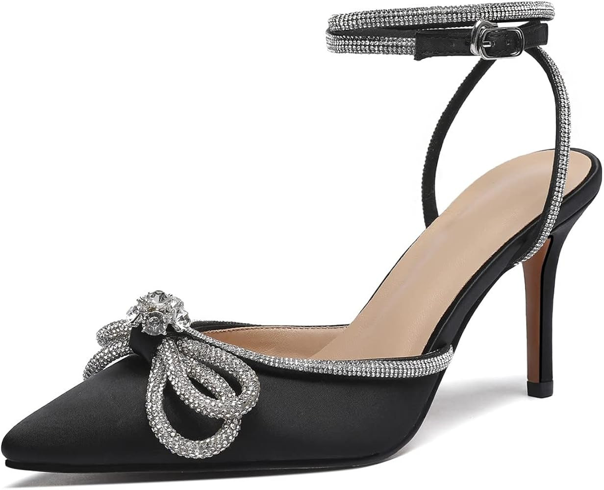 Vertundy Women's Lace up High Heeled Sandals Ankle Buckle Strap Rhinestone Bowknot Stilettos Satin P | Amazon (US)