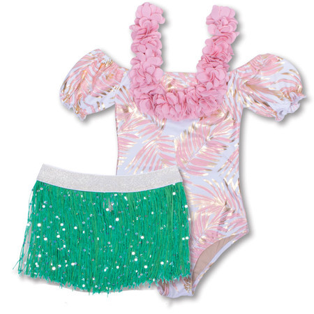 Hula Girl Girls White Off the Shoulder One Piece Swimsuit w/Fringe Skirt 3-10 | Shade Critters