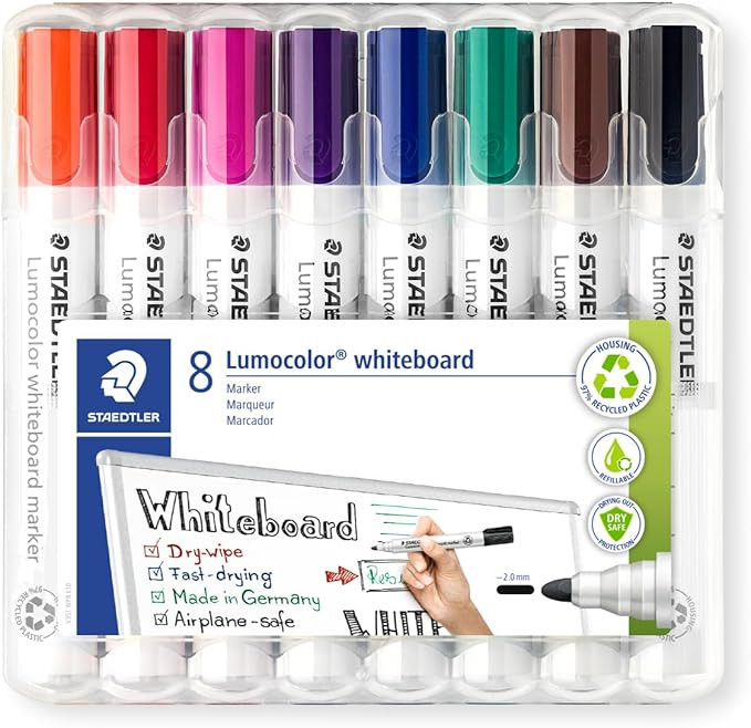 STAEDTLER 351 WP8 Lumocolor Whiteboard Marker Bullet Tip - Assorted Colours (Pack of 8) | Amazon (US)