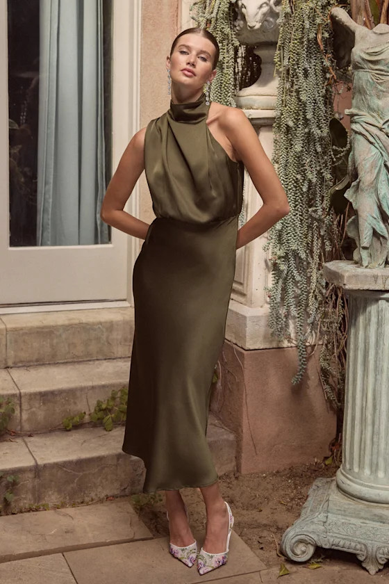 Distinctive Charm Olive Green Satin Asymmetrical Midi Dress | Lulus