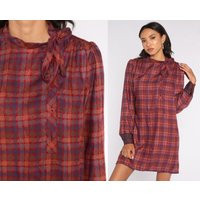 80S Mini Dress Red Brown Plaid Long Puff Sleeve Ascot Necktie Button Up 1980S Vintage Shift Retro Medium | Etsy (US)