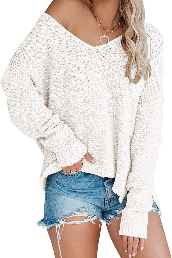 Women’s Off Shoulder Knit Sweaters Oversized V Neck Long Sleeve Loose Lightweight Pullover Tops | Amazon (US)