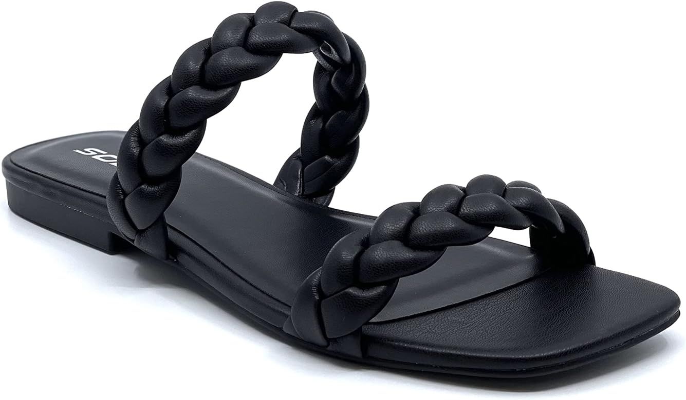 SODA VAULT Women's Square Open Toe Flat Sandals Braided Strap Slip-on Slides Woven Sandals | Amazon (US)