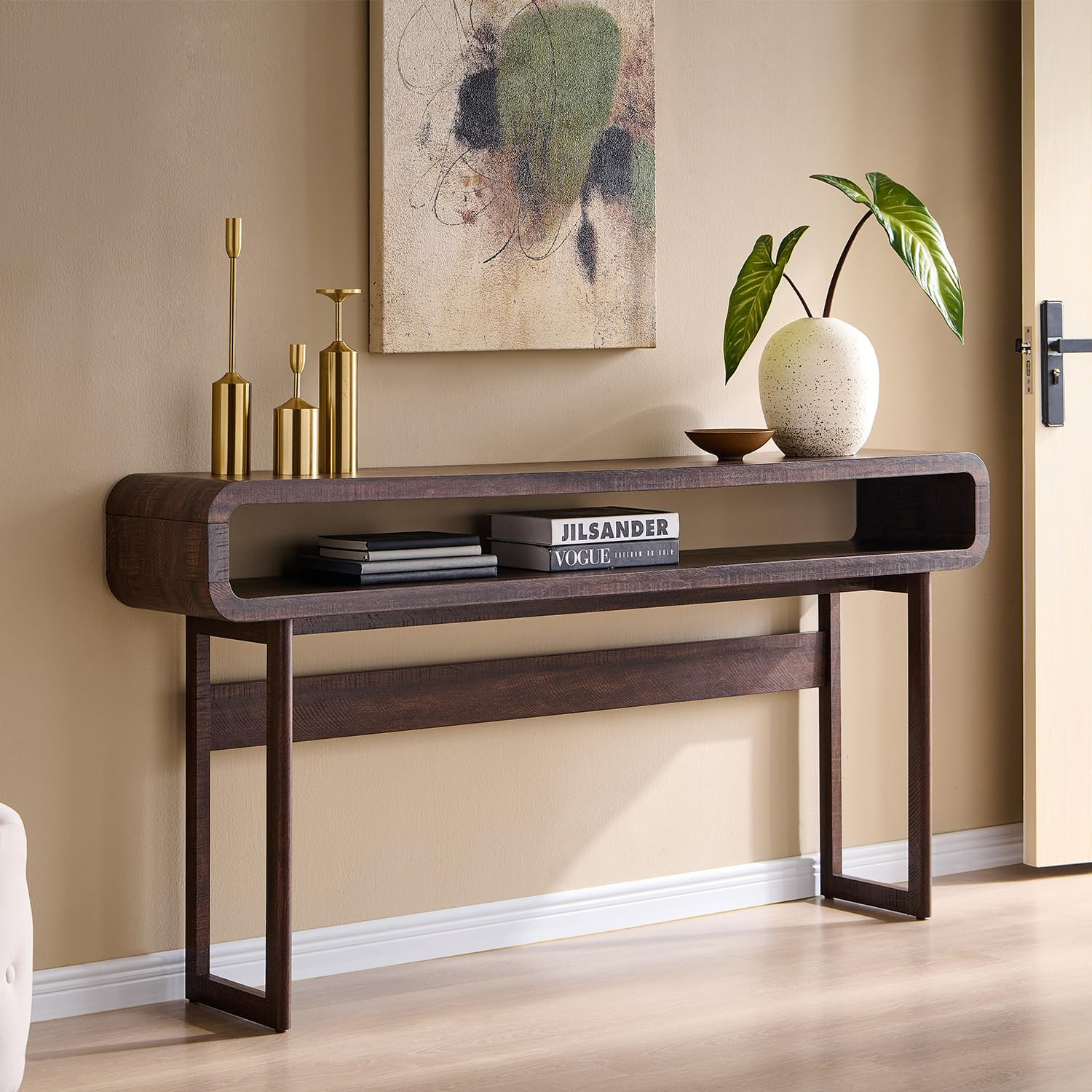 IFGET 63-Inch Long Console Table, 31.5" Tall Modern Entryway Table with Open Storage Shelf, Curved Profile Design, Narrow Wood Sofa Table Behind Couch Tables for Living Room, Hallway, Foyer, Brown | Amazon (US)