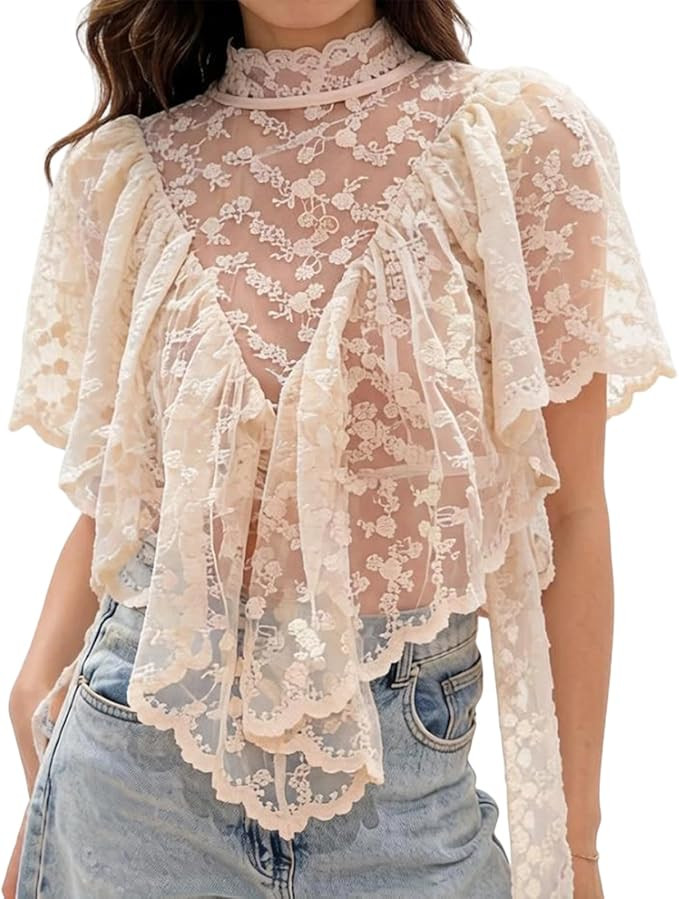 Womens See Through Short Sleeve Sheer Mesh Ruffle Lace Top Boho Y2k Summer Going Out Sexy Shirt B... | Amazon (US)