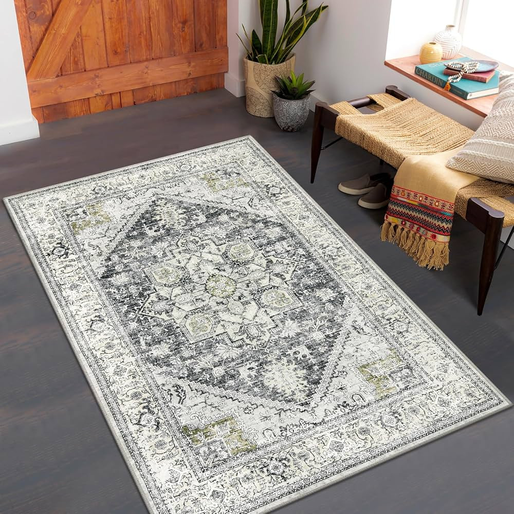 Washable Area Rug 4x6 ft,Boho Bedroom Rug Vintage Low-Pile Indoor Rug for Living Room,Non-Slip Re... | Amazon (US)