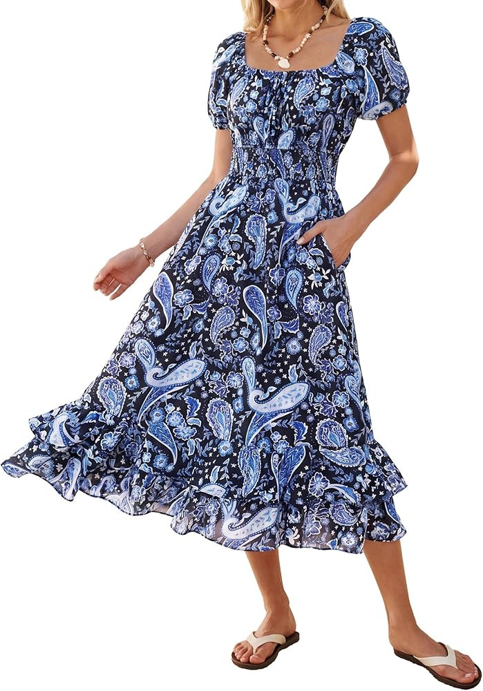 Kate Kasin Womens Summer Boho Floral Maxi Dress 2026 Square Neck Puff Sleeve Smocked Flowy A Line... | Amazon (US)