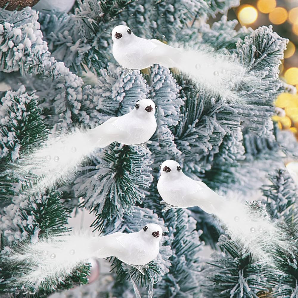 12 Pcs Artificial Christmas Dove Birds with Clip, White Feather Xmas Tree Ornaments Wreath Flower... | Amazon (US)