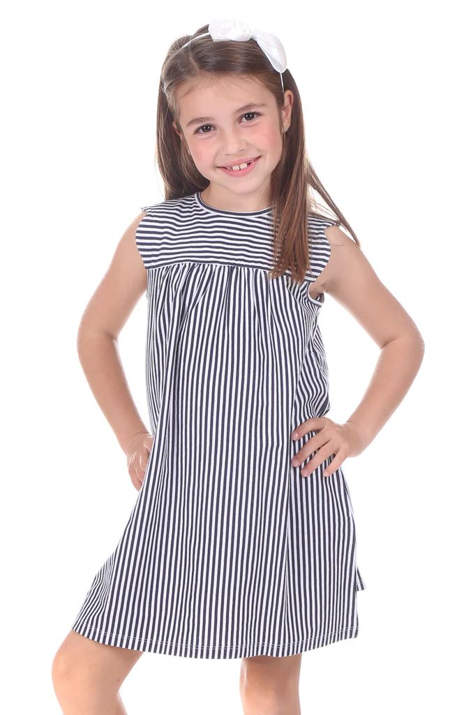 Girls Mimi Dress in Thin Navy Stripe | Duffield Lane