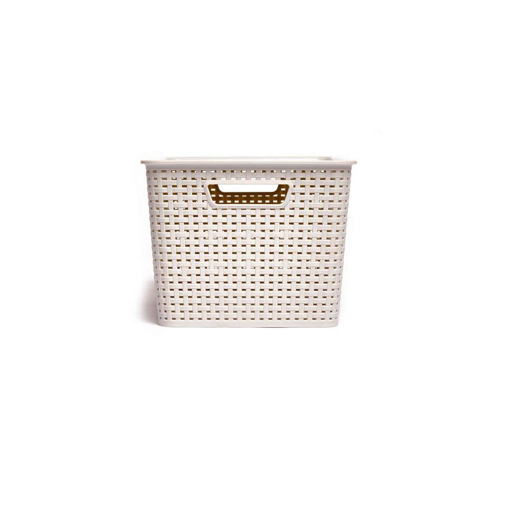 HOMZ 7 Gal. Plastic Woven Storage Basket Bin with Matching Lid in Cream, Ivory | The Home Depot