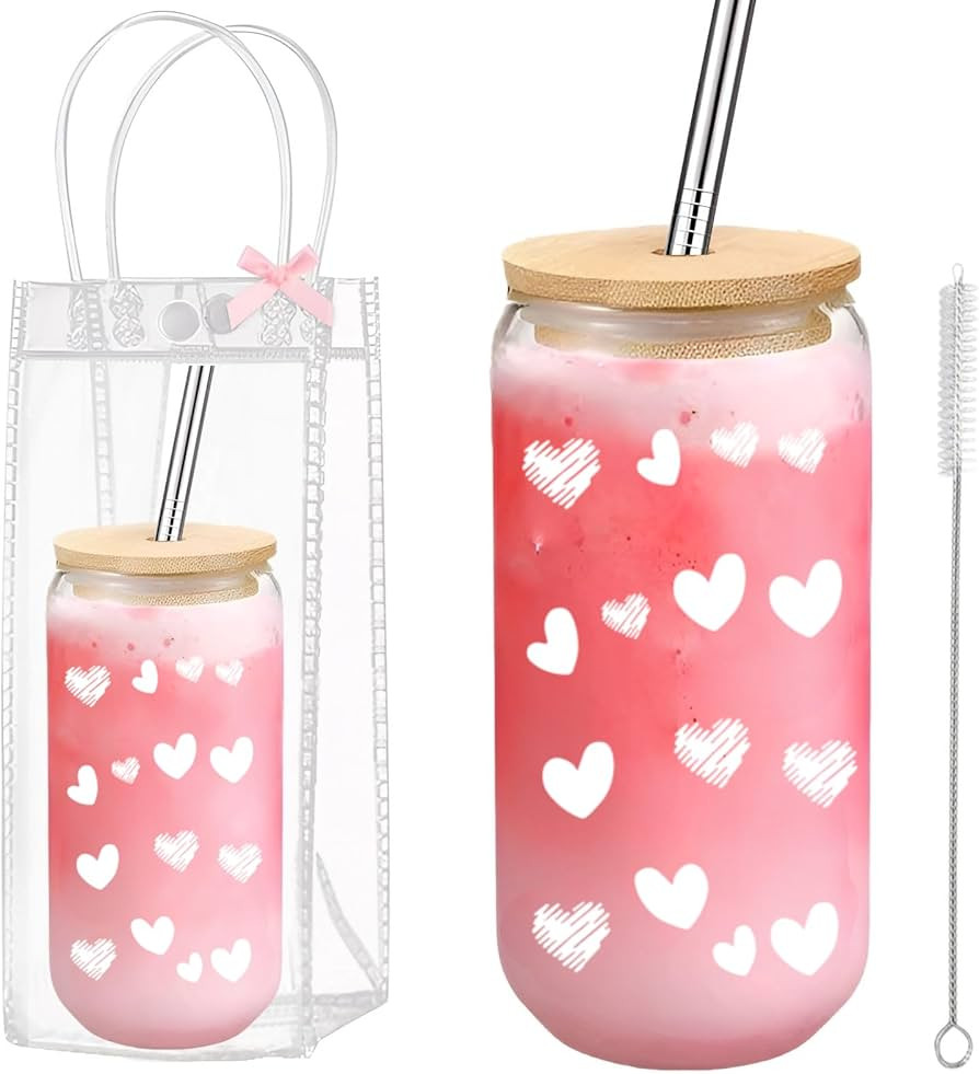 ACUDUDOMA Coquette Heart Glass Cup with Clear Gift Bag,16 oz Iced Coffee Cup with Lids and Straws... | Amazon (US)